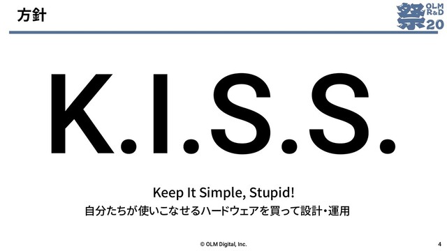 方針
Keep It Simple, Stupid!
© OLM Digital, Inc. 4
自分たちが使いこなせるハードウェアを買って設計・運用

