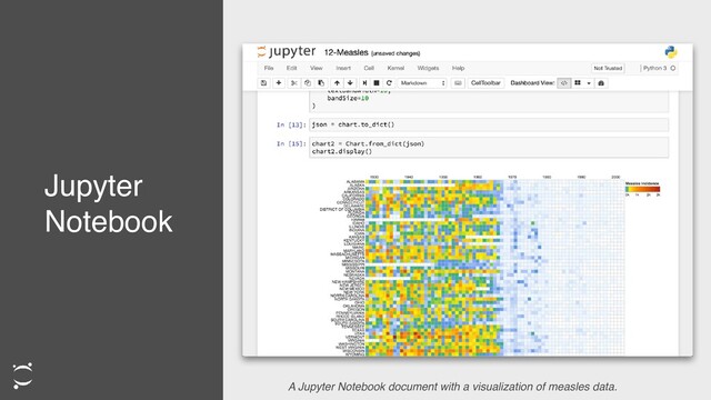 Jupyter
Notebook
A Jupyter Notebook document with a visualization of measles data.
