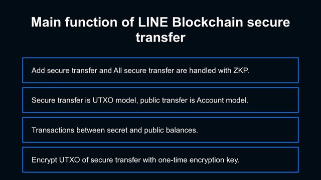 Main function of LINE Blockchain secure
transfer
Add secure transfer and All secure transfer are handled with ZKP.
Transactions between secret and public balances.
Secure transfer is UTXO model, public transfer is Account model.
Encrypt UTXO of secure transfer with one-time encryption key.
