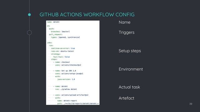 GITHUB ACTIONS WORKFLOW CONFIG
39
Name
Triggers
Setup steps
Environment
Artefact
Actual task
