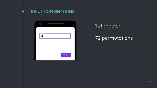 INPUT COMBINATIONS
8
1 character
72 permutations
a

