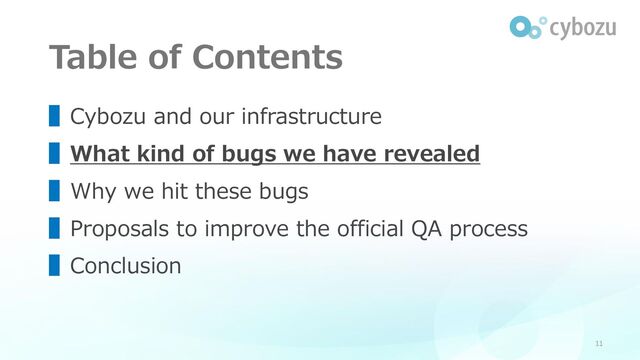 Table of Contents
11
▌Cybozu and our infrastructure
▌What kind of bugs we have revealed
▌Why we hit these bugs
▌Proposals to improve the official QA process
▌Conclusion
