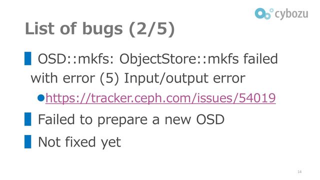 List of bugs (2/5)
▌OSD::mkfs: ObjectStore::mkfs failed
with error (5) Input/output error
⚫https://tracker.ceph.com/issues/54019
▌Failed to prepare a new OSD
▌Not fixed yet
14
