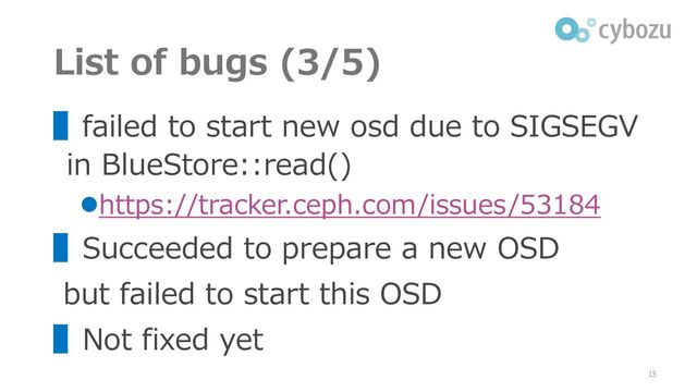 List of bugs (3/5)
▌failed to start new osd due to SIGSEGV
in BlueStore::read()
⚫https://tracker.ceph.com/issues/53184
▌Succeeded to prepare a new OSD
but failed to start this OSD
▌Not fixed yet
15
