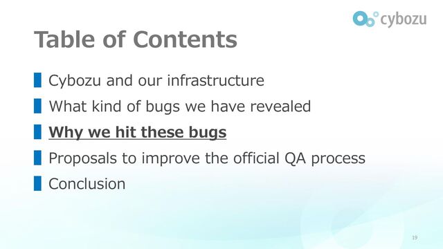 Table of Contents
19
▌Cybozu and our infrastructure
▌What kind of bugs we have revealed
▌Why we hit these bugs
▌Proposals to improve the official QA process
▌Conclusion
