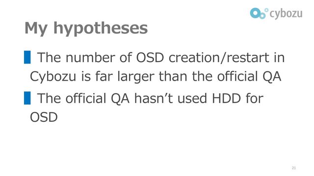 My hypotheses
▌The number of OSD creation/restart in
Cybozu is far larger than the official QA
▌The official QA hasn’t used HDD for
OSD
21

