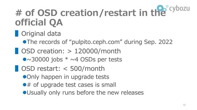 # of OSD creation/restart in the
official QA
▌Original data
⚫The records of “pulpito.ceph.com” during Sep. 2022
▌OSD creation: > 120000/month
⚫~30000 jobs * ~4 OSDs per tests
▌OSD restart: < 500/month
⚫Only happen in upgrade tests
⚫# of upgrade test cases is small
⚫Usually only runs before the new releases
22
