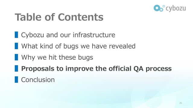 Table of Contents
25
▌Cybozu and our infrastructure
▌What kind of bugs we have revealed
▌Why we hit these bugs
▌Proposals to improve the official QA process
▌Conclusion
