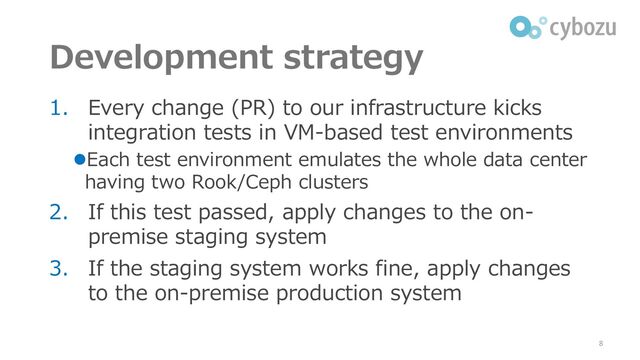 Development strategy
1. Every change (PR) to our infrastructure kicks
integration tests in VM-based test environments
⚫Each test environment emulates the whole data center
having two Rook/Ceph clusters
2. If this test passed, apply changes to the on-
premise staging system
3. If the staging system works fine, apply changes
to the on-premise production system
8
