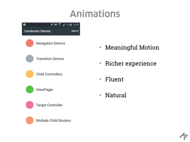 Animations
• Meaningful Motion
• Richer experience
• Fluent
• Natural

