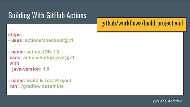 @n8ebel #oredev
Building With GitHub Actions
...
steps:
- uses: actions/checkout@v1
- name: set up JDK 1.8
uses: actions/setup-java@v1
with:
java-version: 1.8
- name: Build & Test Project
run: ./gradlew assemble
.github/workﬂows/build_project.yml
