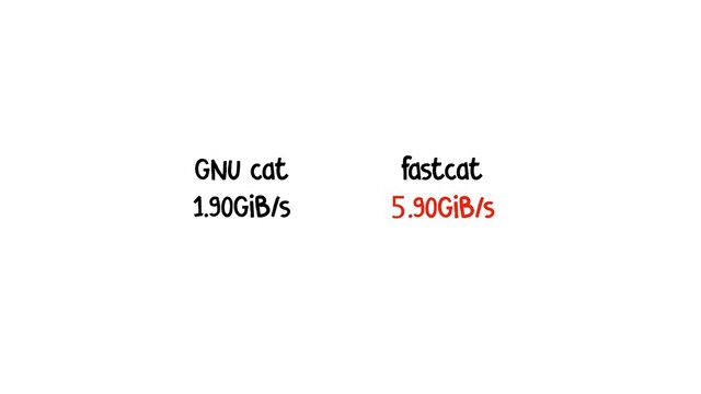 5.90GiB/s
1.90GiB/s
GNU cat fastcat
