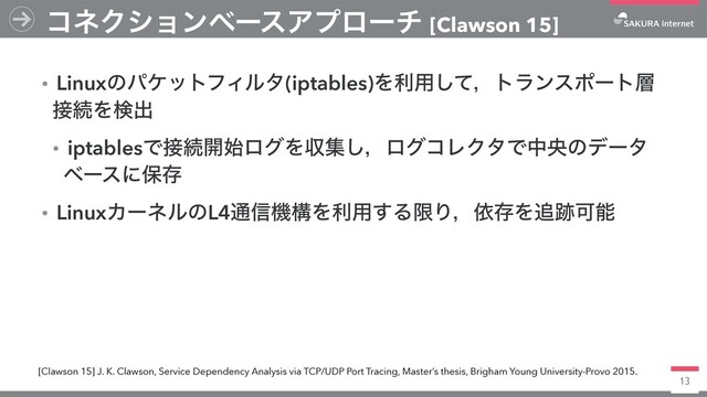 13
ɾLinuxͷύέοτϑΟϧλ(iptables)Λར༻ͯ͠ɼτϥϯεϙʔτ૚
઀ଓΛݕग़
ɾiptablesͰ઀ଓ։࢝ϩάΛऩू͠ɼϩάίϨΫλͰதԝͷσʔλ
ϕʔεʹอଘ
ɾLinuxΧʔωϧͷL4௨৴ػߏΛར༻͢ΔݶΓɼґଘΛ௥੻Մೳ
ίωΫγϣϯϕʔεΞϓϩʔν [Clawson 15]
[Clawson 15] J. K. Clawson, Service Dependency Analysis via TCP/UDP Port Tracing, Master’s thesis, Brigham Young University-Provo 2015.
