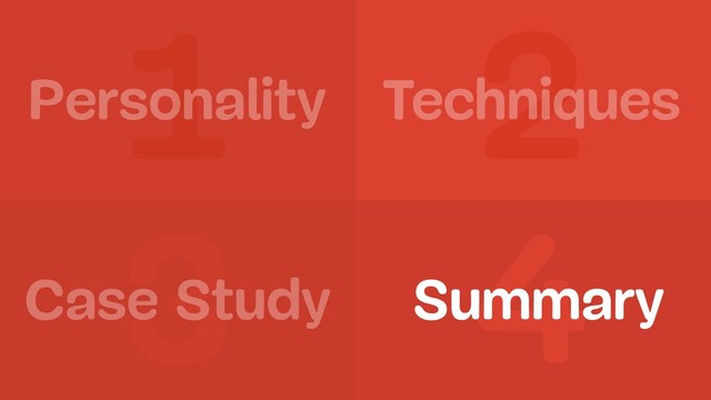 1 2
3 4
Personality
Summary
Case Study
Techniques
