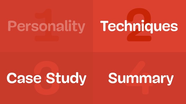 1 2
3 4
Personality
Summary
Case Study
Techniques
