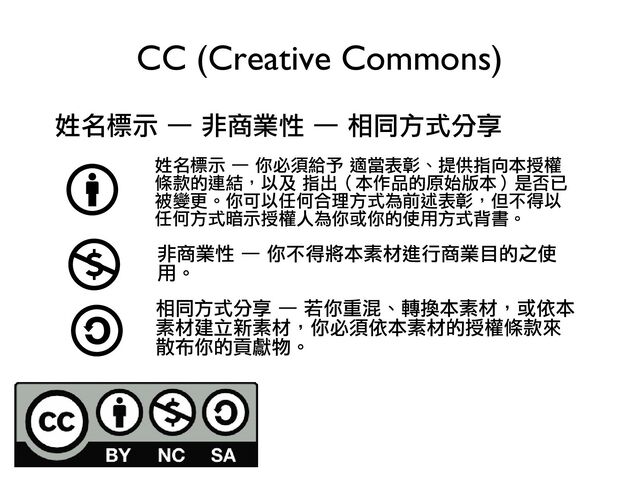 姓名標示 — 非商業性 — 相同方式分享
CC (Creative Commons)
姓名標示 — 你必須給予 適當表彰、提供指向本授權
條款的連結，以及 指出（本作品的原始版本）是否已
被變更。你可以任何合理方式為前述表彰，但不得以
任何方式暗示授權人為你或你的使用方式背書。
非商業性 — 你不得將本素材進行商業目的之使
用。
相同方式分享 — 若你重混、轉換本素材，或依本
素材建立新素材，你必須依本素材的授權條款來
散布你的貢獻物。
