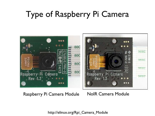 Type of Raspberry Pi Camera
http://elinux.org/Rpi_Camera_Module
Raspberry Pi Camera Module NoIR Camera Module
