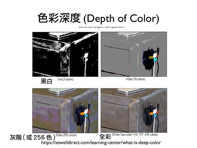 色彩深度 (Depth of Color)
https://sewelldirect.com/learning-center/what-is-deep-color
黑白
灰階 ( 或 256 色 ) 全彩

