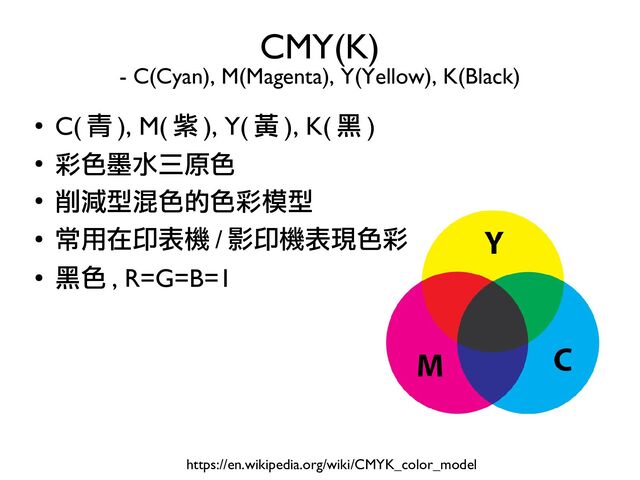 ●
C( 青 ), M( 紫 ), Y( 黃 ), K( 黑 )
●
彩色墨水三原色
●
削減型混色的色彩模型
●
常用在印表機 / 影印機表現色彩
●
黑色 , R=G=B=1
CMY(K)
- C(Cyan), M(Magenta), Y(Yellow), K(Black)
https://en.wikipedia.org/wiki/CMYK_color_model

