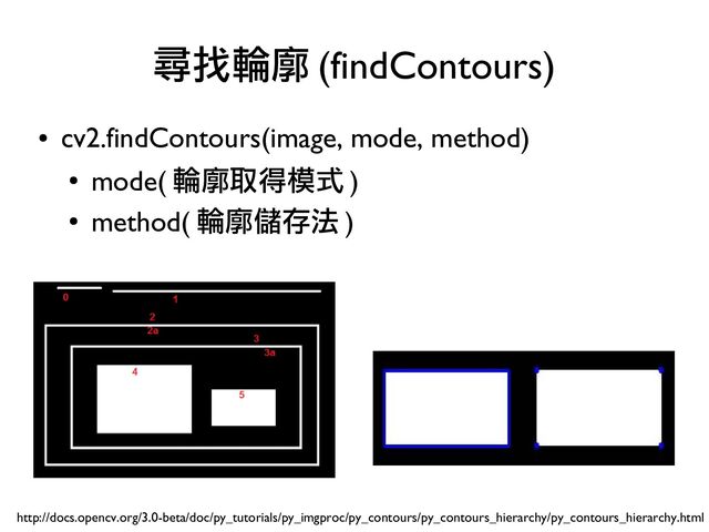 ●
cv2.findContours(image, mode, method)
●
mode( 輪廓取得模式 )
●
method( 輪廓儲存法 )
尋找輪廓 (findContours)
http://docs.opencv.org/3.0-beta/doc/py_tutorials/py_imgproc/py_contours/py_contours_hierarchy/py_contours_hierarchy.html
