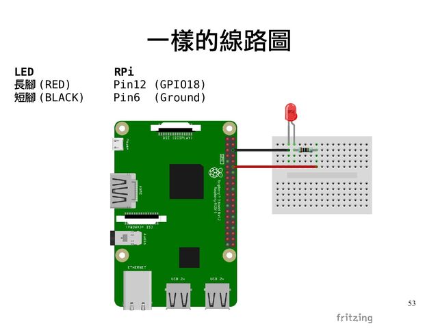 53
一樣的線路圖
LED RPi
長腳 (RED) Pin12 (GPIO18)
短腳 (BLACK) Pin6 (Ground)
