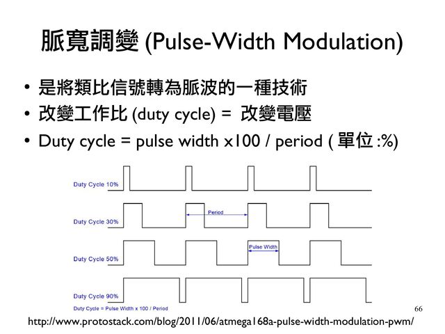 66
●
是將類比信號轉為脈波的一種技術
●
改變工作比 (duty cycle) = 改變電壓
●
Duty cycle = pulse width x100 / period ( 單位 :%)
脈寬調變 (Pulse-Width Modulation)
http://www.protostack.com/blog/2011/06/atmega168a-pulse-width-modulation-pwm/
