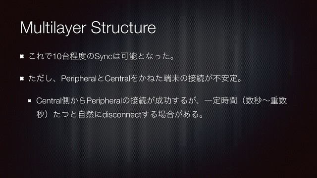 Multilayer Structure
͜ΕͰ10୆ఔ౓ͷSync͸Մೳͱͳͬͨɻ
ͨͩ͠ɺPeripheralͱCentralΛ͔Ͷͨ୺຤ͷ઀ଓ͕ෆ҆ఆɻ
Centralଆ͔ΒPeripheralͷ઀ଓ͕੒ޭ͢Δ͕ɺҰఆ࣌ؒʢ਺ඵʙॏ਺
ඵʣͨͭͱࣗવʹdisconnect͢Δ৔߹͕͋Δɻ

