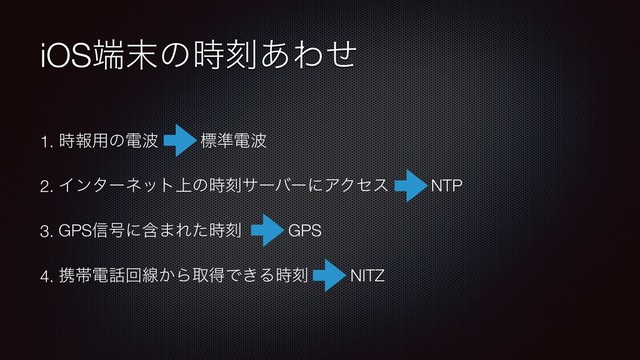 iOS୺຤ͷ࣌ࠁ͋Θͤ
1. ࣌ใ༻ͷి೾ ඪ४ి೾
2. Πϯλʔωοτ্ͷ࣌ࠁαʔόʔʹΞΫηε NTP
3. GPS৴߸ʹؚ·Εͨ࣌ࠁ GPS
4. ܞଳి࿩ճઢ͔ΒऔಘͰ͖Δ࣌ࠁ NITZ
