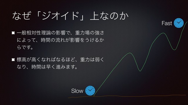 ͳͥʮδΦΠυʯ্ͳͷ͔
Ұൠ૬ରੑཧ࿦ͷӨڹͰɺॏྗ৔ͷڧ͞
ʹΑͬͯɺ࣌ؒͷྲྀΕ͕ӨڹΛ͏͚Δ͔
ΒͰ͢ɻ
ඪߴ͕ߴ͘ͳΕ͹ͳΔ΄Ͳɺॏྗ͸ऑ͘
ͳΓɺ࣌ؒ͸ૣ͘ਐΈ·͢ɻ
Slow
Fast

