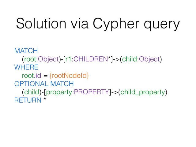 Solution via Cypher query
MATCH
(root:Object)-[r1:CHILDREN*]->(child:Object)
WHERE
root.id = {rootNodeId}  
OPTIONAL MATCH
(child)-[property:PROPERTY]->(child_property)  
RETURN *
