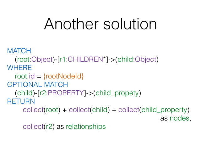 Another solution
MATCH
(root:Object)-[r1:CHILDREN*]->(child:Object)
WHERE
root.id = {rootNodeId}
OPTIONAL MATCH
(child)-[r2:PROPERTY]->(child_propety)  
RETURN
collect(root) + collect(child) + collect(child_property)
as nodes,
collect(r2) as relationships
