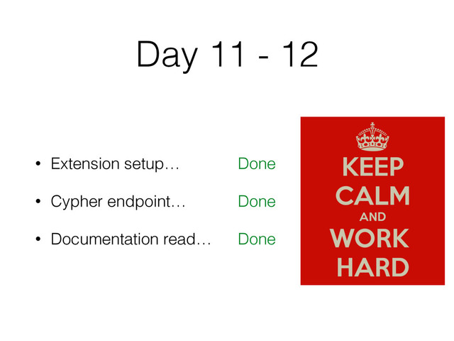 Day 11 - 12
• Extension setup…
• Cypher endpoint…
• Documentation read…
Done
Done
Done
