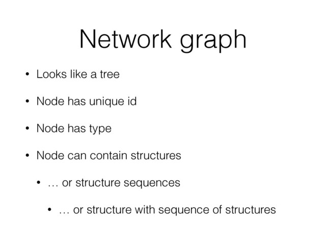 Network graph
• Looks like a tree
• Node has unique id
• Node has type
• Node can contain structures
• … or structure sequences
• … or structure with sequence of structures
