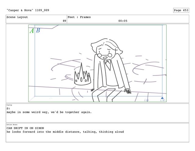 Scene Layout
89
Feet : Frames
00:05
Dialog
S:
maybe in some weird way, we'd be together again.
Action Notes
CAM DRIFT IN ON SIMON
he looks forward into the middle distance, talking, thinking aloud
"Casper & Nova" 1109_009 Page 453
