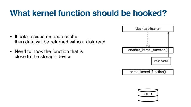 What kernel function should be hooked?
• If data resides on page cache,  
then data will be returned without disk read
• Need to hook the function that is  
close to the storage device
