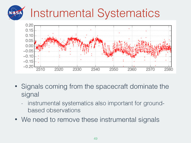 Instrumental Systematics
• Signals coming from the spacecraft dominate the
signal
- instrumental systematics also important for ground-
based observations
• We need to remove these instrumental signals
49
