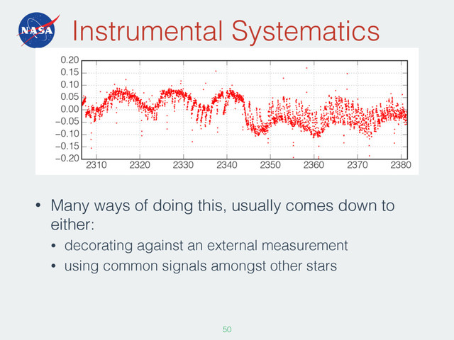 Instrumental Systematics
• Many ways of doing this, usually comes down to
either:
• decorating against an external measurement
• using common signals amongst other stars
50
