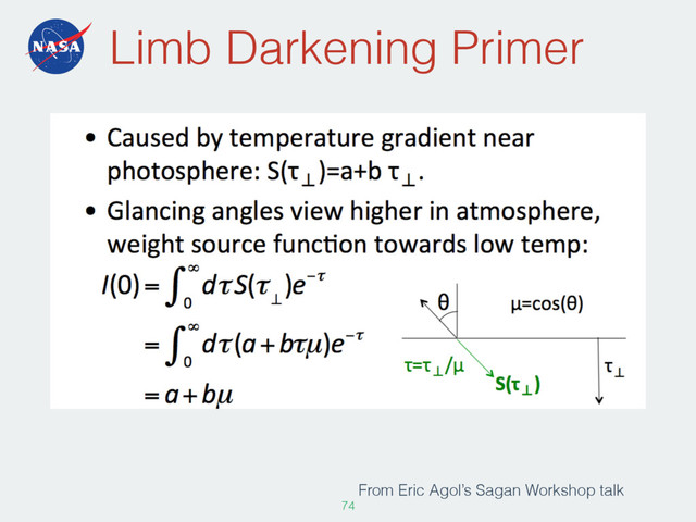 74
From Eric Agol’s Sagan Workshop talk
Limb Darkening Primer
