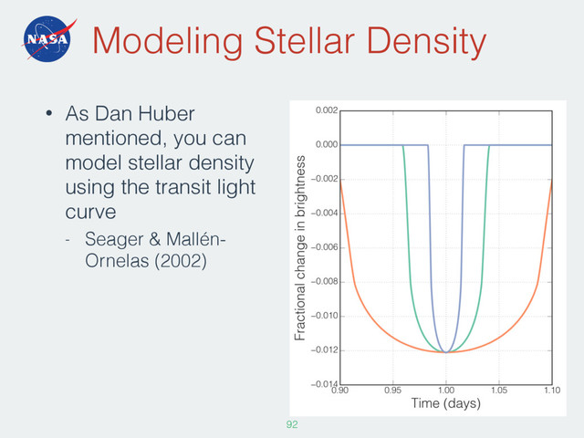 Modeling Stellar Density
• As Dan Huber
mentioned, you can
model stellar density
using the transit light
curve
- Seager & Mallén-
Ornelas (2002)
92
