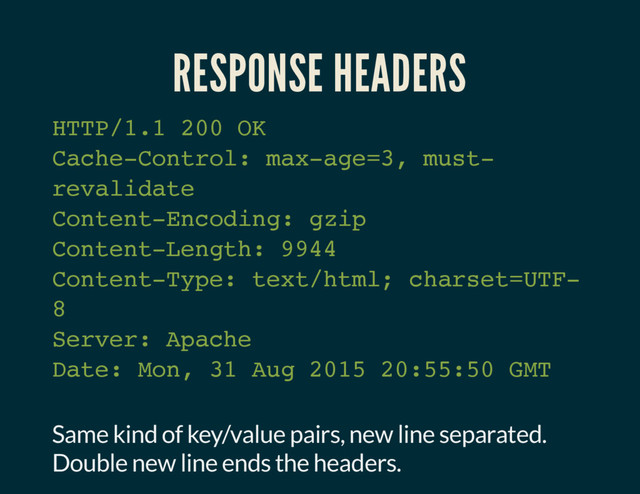 RESPONSE HEADERS
HTTP/1.1 200 OK
Cache-Control: max-age=3, must-
revalidate
Content-Encoding: gzip
Content-Length: 9944
Content-Type: text/html; charset=UTF-
8
Server: Apache
Date: Mon, 31 Aug 2015 20:55:50 GMT
Same kind of key/value pairs, new line separated.
Double new line ends the headers.
