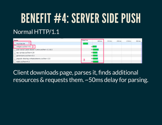BENEFIT #4: SERVER SIDE PUSH
Normal HTTP/1.1
Client downloads page, parses it, nds additional
resources & requests them. ~50ms delay for parsing.
