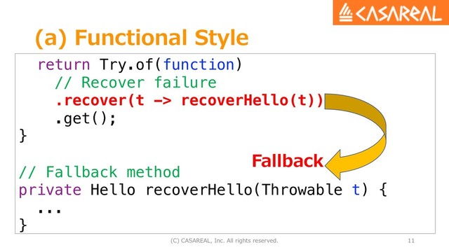 (a) Functional Style
(C) CASAREAL, Inc. All rights reserved. 11
return Try.of(function)
// Recover failure
.recover(t -> recoverHello(t))
.get();
}
// Fallback method
private Hello recoverHello(Throwable t) {
...
}
Fallback
