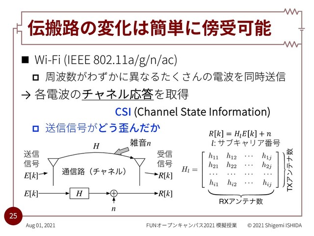 伝搬路の変化は簡単に傍受可能
n Wi-Fi (IEEE 802.11a/g/n/ac)
p 周波数がわずかに異なるたくさんの電波を同時送信
→ 各電波のチャネル応答を取得
CSI (Channel State Information)
p 送信信号がどう歪んだか
25
ࡶԻn
E[k]
n
R[k]
E[k] R[k]
H
௨৴࿏ʢνϟωϧʣ
H
送信
信号
受信
信号
Aug 01, 2021 FUNオープンキャンパス2021 模擬授業 © 2021 Shigemi ISHIDA
Hl =
2
6
6
4
h11 h12
· · · h1j
h21 h22
· · · h2j
· · · · · · · · · · · ·
hi1 hi2
· · · hij
3
7
7
5
AAACs3icdVFRS9xAEN5E22pq21MffVk8LD5dk0BRCgXBFx8VPBUuMWw2k7utm03YnRSOkB/os0/+Gzd3UdTDgYWPb775ZnYmraQw6PuPjru2/unzl41N7+vWt+8/Bts7V6asNYcxL2Wpb1JmQAoFYxQo4abSwIpUwnV6d9rlr/+DNqJUlzivIC7YVIlccIaWSgb3Z4mkf2kkIceJF6UwFaphWrN522gbrTdLmiBo6U/agbADEc9KND3zr6VR1InCZ1G4IgqXohfqQ7B0Es9OYsVJ9E6gsn5KL9JiOsPYSwZDf+Qvgq6CoAdD0sd5MniIspLXBSjkkhkzCfwKY2uLgkuwxrWBivE7NoWJhYoVYOJmsfKWHlgmo3mp7VNIF+zrioYVxsyL1CoLhjPzPteRL7mDN60wP44boaoaQfFlp7yWFEvaHZBmQgNHObeAcS3ssJTPmGYc7Zm7LQTv/7wKrsJR4I+CC3948qffxwbZI/vkkATkiJyQM3JOxoQ7v5yxc+sk7m934qZutpS6Tl+zS96EWzwBZ0nNoQ==
AAACs3icdVFRS9xAEN5E22pq21MffVk8LD5dk0BRCgXBFx8VPBUuMWw2k7utm03YnRSOkB/os0/+Gzd3UdTDgYWPb775ZnYmraQw6PuPjru2/unzl41N7+vWt+8/Bts7V6asNYcxL2Wpb1JmQAoFYxQo4abSwIpUwnV6d9rlr/+DNqJUlzivIC7YVIlccIaWSgb3Z4mkf2kkIceJF6UwFaphWrN522gbrTdLmiBo6U/agbADEc9KND3zr6VR1InCZ1G4IgqXohfqQ7B0Es9OYsVJ9E6gsn5KL9JiOsPYSwZDf+Qvgq6CoAdD0sd5MniIspLXBSjkkhkzCfwKY2uLgkuwxrWBivE7NoWJhYoVYOJmsfKWHlgmo3mp7VNIF+zrioYVxsyL1CoLhjPzPteRL7mDN60wP44boaoaQfFlp7yWFEvaHZBmQgNHObeAcS3ssJTPmGYc7Zm7LQTv/7wKrsJR4I+CC3948qffxwbZI/vkkATkiJyQM3JOxoQ7v5yxc+sk7m934qZutpS6Tl+zS96EWzwBZ0nNoQ==
AAACs3icdVFRS9xAEN5E22pq21MffVk8LD5dk0BRCgXBFx8VPBUuMWw2k7utm03YnRSOkB/os0/+Gzd3UdTDgYWPb775ZnYmraQw6PuPjru2/unzl41N7+vWt+8/Bts7V6asNYcxL2Wpb1JmQAoFYxQo4abSwIpUwnV6d9rlr/+DNqJUlzivIC7YVIlccIaWSgb3Z4mkf2kkIceJF6UwFaphWrN522gbrTdLmiBo6U/agbADEc9KND3zr6VR1InCZ1G4IgqXohfqQ7B0Es9OYsVJ9E6gsn5KL9JiOsPYSwZDf+Qvgq6CoAdD0sd5MniIspLXBSjkkhkzCfwKY2uLgkuwxrWBivE7NoWJhYoVYOJmsfKWHlgmo3mp7VNIF+zrioYVxsyL1CoLhjPzPteRL7mDN60wP44boaoaQfFlp7yWFEvaHZBmQgNHObeAcS3ssJTPmGYc7Zm7LQTv/7wKrsJR4I+CC3948qffxwbZI/vkkATkiJyQM3JOxoQ7v5yxc+sk7m934qZutpS6Tl+zS96EWzwBZ0nNoQ==
AAACs3icdVFRS9xAEN5E22pq21MffVk8LD5dk0BRCgXBFx8VPBUuMWw2k7utm03YnRSOkB/os0/+Gzd3UdTDgYWPb775ZnYmraQw6PuPjru2/unzl41N7+vWt+8/Bts7V6asNYcxL2Wpb1JmQAoFYxQo4abSwIpUwnV6d9rlr/+DNqJUlzivIC7YVIlccIaWSgb3Z4mkf2kkIceJF6UwFaphWrN522gbrTdLmiBo6U/agbADEc9KND3zr6VR1InCZ1G4IgqXohfqQ7B0Es9OYsVJ9E6gsn5KL9JiOsPYSwZDf+Qvgq6CoAdD0sd5MniIspLXBSjkkhkzCfwKY2uLgkuwxrWBivE7NoWJhYoVYOJmsfKWHlgmo3mp7VNIF+zrioYVxsyL1CoLhjPzPteRL7mDN60wP44boaoaQfFlp7yWFEvaHZBmQgNHObeAcS3ssJTPmGYc7Zm7LQTv/7wKrsJR4I+CC3948qffxwbZI/vkkATkiJyQM3JOxoQ7v5yxc+sk7m934qZutpS6Tl+zS96EWzwBZ0nNoQ==
RXΞϯςφ਺
TXΞϯςφ਺
𝑅 𝑘 = 𝐻!
𝐸 𝑘 + 𝑛
𝑙: サブキャリア番号
