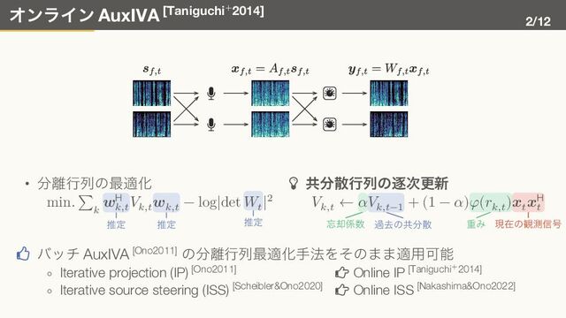 オンライン AuxIVA [Taniguchi+2014]
2/12
• 分離行列の最適化
min. ∑
𝑘
推定
𝒘H
𝑘,𝑡
𝑉𝑘,𝑡
推定
𝒘𝑘,𝑡
− log|det
推定
𝑊𝑡
|2
� 共分散行列の逐次更新
𝑉𝑘,𝑡
←
忘却係数
𝛼
過去の共分散
𝑉𝑘,𝑡−1
+ (1 − 𝛼)
重み
𝜑(𝑟𝑘,𝑡
)
現在の観測信号
𝒙𝑡
𝒙H
𝑡
� バッチ AuxIVA [Ono2011] の分離行列最適化手法をそのまま適用可能
∘ Iterative projection (IP) [Ono2011] � Online IP [Taniguchi+2014]
∘ Iterative source steering (ISS) [Scheibler&Ono2020] � Online ISS [Nakashima&Ono2022]
