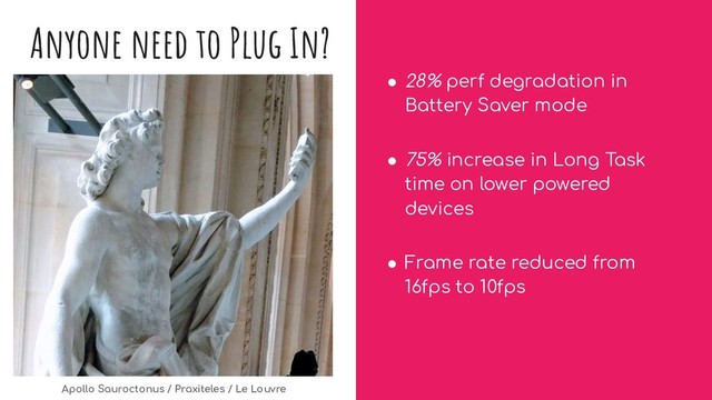 Anyone need to Plug In?
● 28% perf degradation in
Battery Saver mode
● 75% increase in Long Task
time on lower powered
devices
● Frame rate reduced from
16fps to 10fps
Apollo Sauroctonus / Praxiteles / Le Louvre
