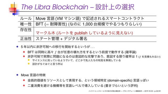 The Libra Blockchain – ઃܭ্ͷબ୒
ϧʔϧ Move ݴޠ (VM Ϛγϯޠ) Ͱهड़͞ΕΔεϚʔτίϯτϥΫτ
།Ұੑ BFT (= ଱ো֐ੑ) (ͳͷʹ 1,000 ୆ن໛Ͱ΍Δͭ΋ΓΒ͍͠)
ଘࡏੑ
ϚʔΫϧ໦ (ϧʔτΛ publish ͍ͯ͠ΔΑ͏ʹݟ͑ͳ͍)
ਖ਼౰ੑ εςʔτ؅ཧ + σδλϧॺ໊
5 ೥Ҏ಺ʹඇڐՄ੍΁ͷҠߦΛ։࢝͢Δͱ͍͏͕ . . .
BFT ͸ಉ࣌ʹߴʑ f ୆͕೚ҙͷյΕํΛ͢Δͱ͍͏લఏͰಈ࡞͢Δ (֬཰࿦)
ඇڐՄ੍Ͱ࣮ࡍʹ໰୊ʹͳΔͷ͸ҙਤతͳ߈ܸͰ͋Γɺҙਤ͢ΔݶΓ֬཰͸ 1 (f Λݟੵ΋Εͳ͍)
αΠΤϯεʹଇ͍ͬͯΔΑ͏Ͱ͍ͯɺͲ͔͜Ͱઌਓͨͪͷ஌ݟΛແࢹ͍ͯ͠Δ
ઃܭ͕͙ͪ͸͙ͱݴ͏ॴҎ
Move ݴޠͷಛ௃
ۚમతՁ஋ΛϦιʔεͱͯ͠දݱ͢Δɺͱ͍͏ྖҬಛఆ (domain-speciﬁc) ݴޠͬΆ͍
ೋॏফඅΛආ͚Δػߏ౳ΛݴޠϨϕϧͰಋೖ͍ͯ͠Δ (ॻ͖ͮΒ͍ͱ͍͏ධ൑)
ϋΠύʔϨοδϟʔͱͦͷଞͷ෼ࢄ୆ாٕज़ — ϒϩοΫνΣʔϯج൫ٕज़ — 2019-10-02 – p.30/39
