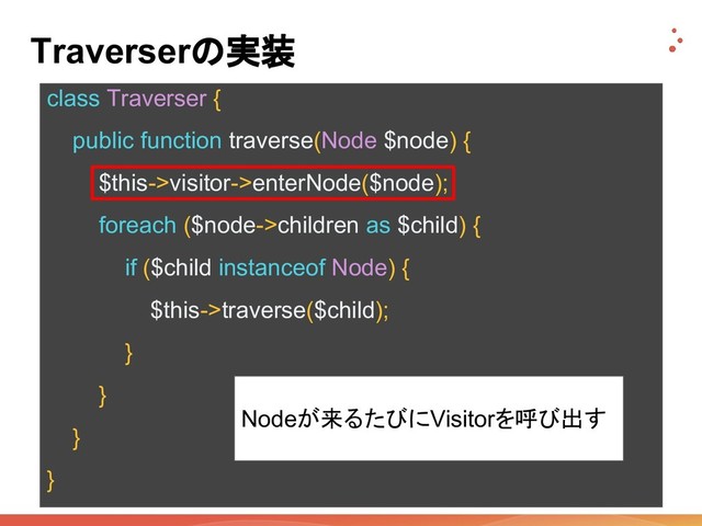 Traverserの実装
class Traverser {
public function traverse(Node $node) {
$this->visitor->enterNode($node);
foreach ($node->children as $child) {
if ($child instanceof Node) {
$this->traverse($child);
}
}
}
}
Nodeが来るたびにVisitorを呼び出す
