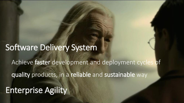 Software Delivery System
Achieve faster development and deployment cycles of
quality products, in a reliable and sustainable way
Enterprise Agility
