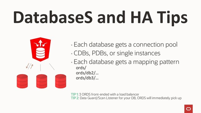 • Each database gets a connection pool
• CDBs, PDBs, or single instances
• Each database gets a mapping pattern
ords/
ords/db2/…
ords/db3/…
TIP 1: 3 ORDS front-ended with a load balancer
TIP 2: Data Guard/Scan Listener for your DB, ORDS will immediately pick up
DatabaseS and HA Tips
