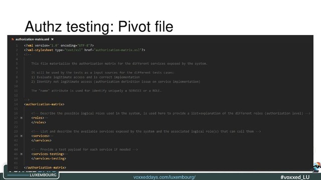 voxxeddays.com/luxembourg/ #voxxed_LU #automate_authz_testing
Authz testing: Pivot file
